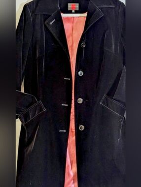 Gallery Black Velvet Trench Coat with Pink Lining